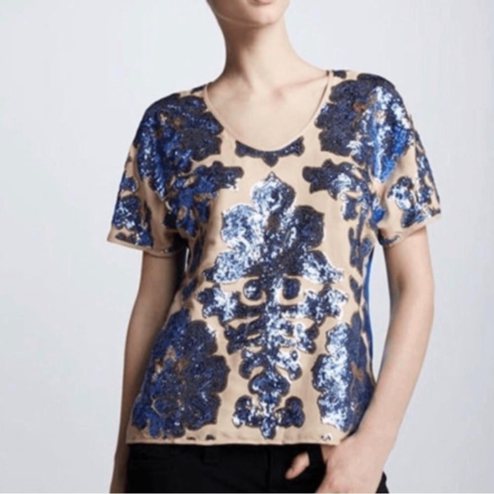 Tracy Reese Neiman Marcus | Glamours Sequined Blue Tan Blouse